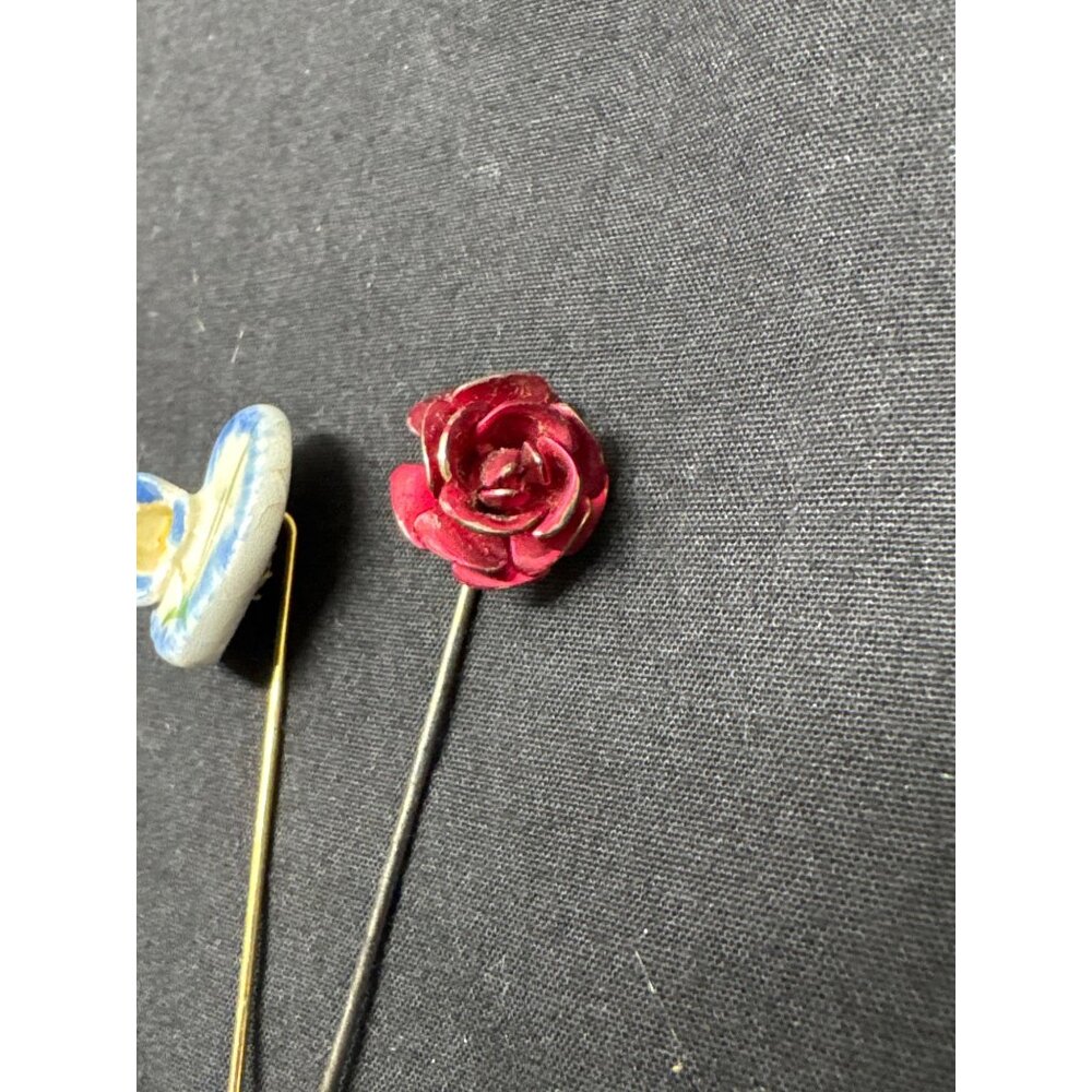 Vintage Artisan Enamel Flower Purple Iris Red Rose Floral Stick Pins Handcrafted - Picture 3 of 5